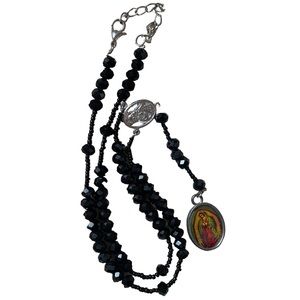 Black Beaded Kids Rosary Necklace with Religious Pendant